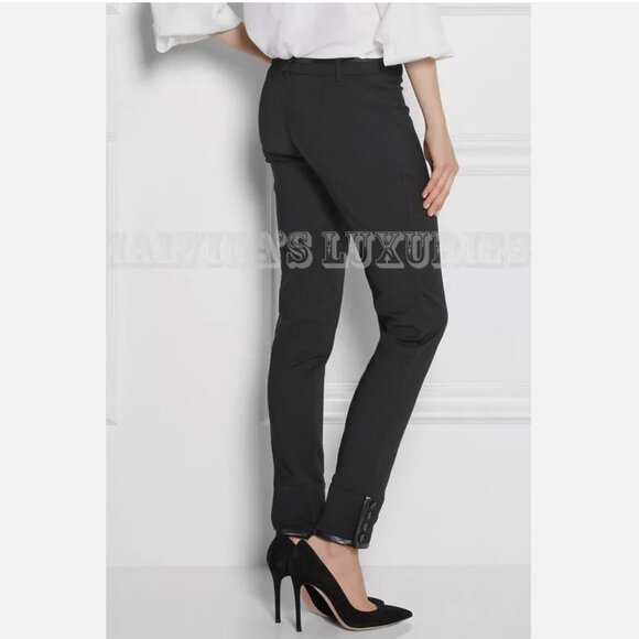 GUCCI RIDING PANTS SKINNY LEATHER TRIM BLACK COTTON BUTTONED HEMLINE IT 38 US 2 - Picture 3 of 11